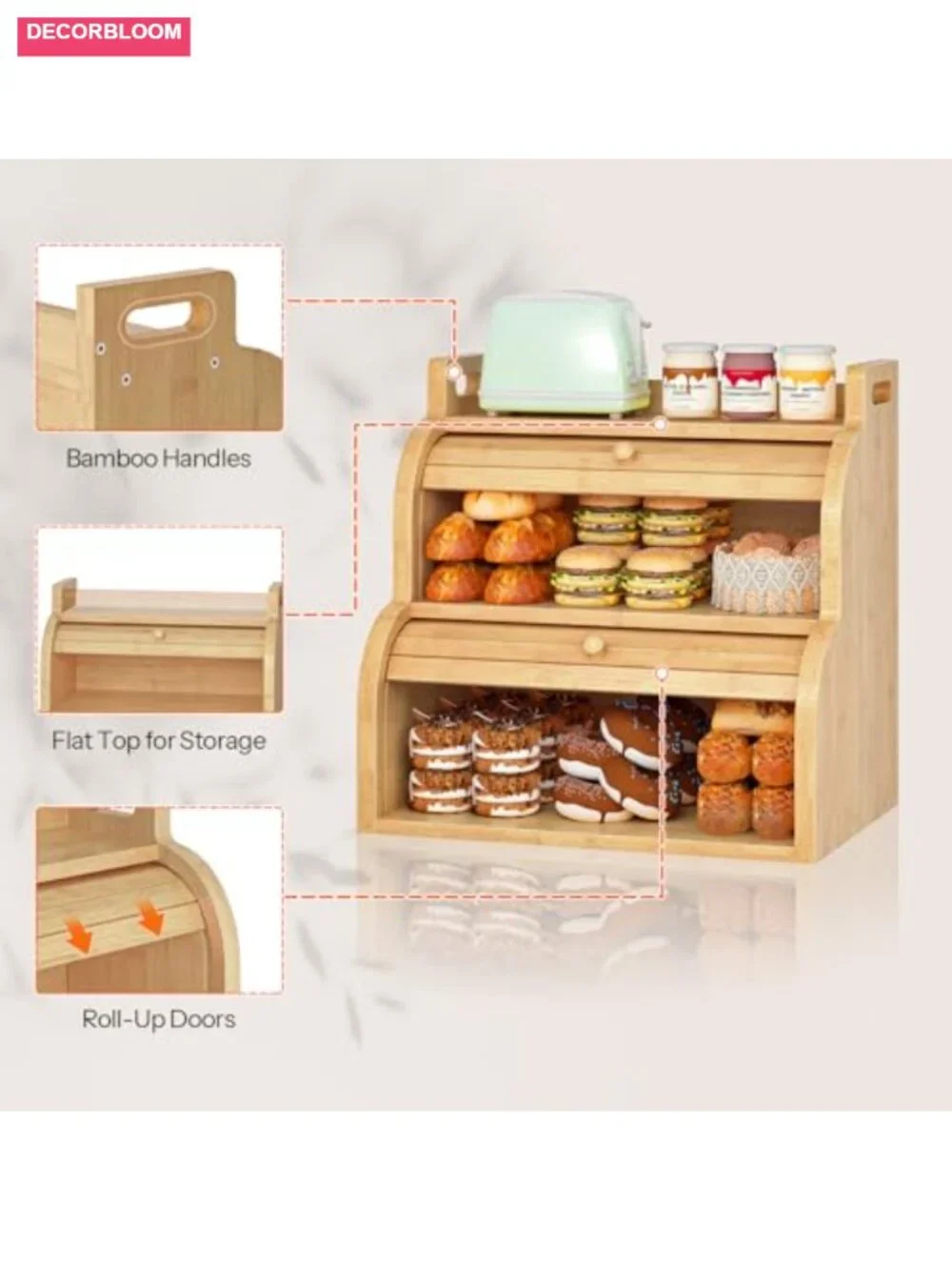 Bamboo 2-Tier Roll-Top Bread Box with Ventilation, Kitchen Storage